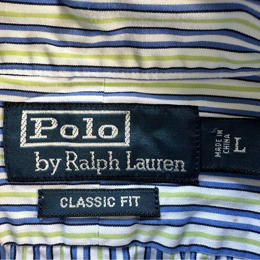 Polo Ralph Lauren Button Shirt Large Blue Striped Green Pony Long Sleeve Classic